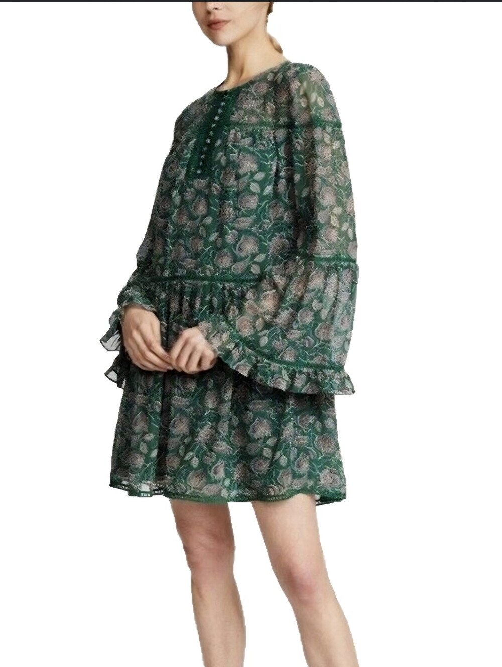Rebecca Minkoff Florence Floral Paisley Green Bell Sleeve Boho Mini Dress Medium